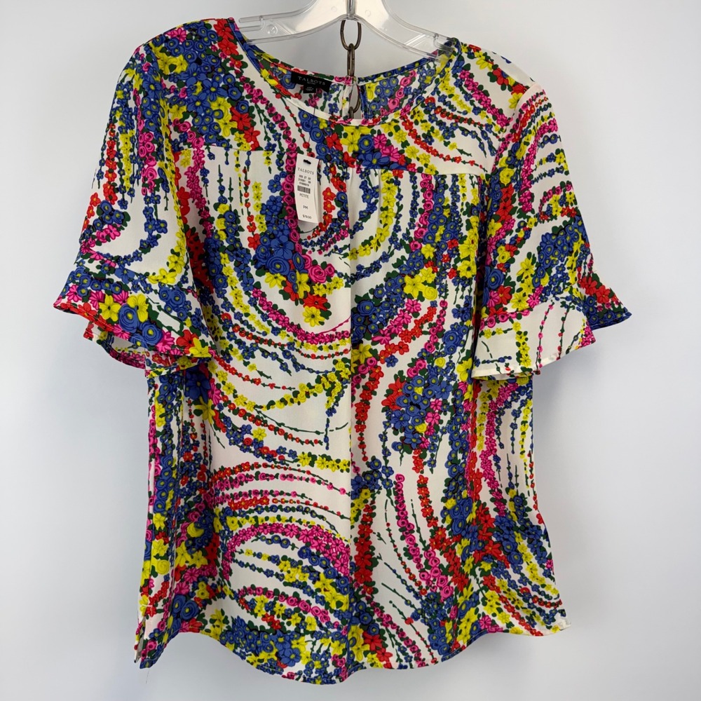 Talbots Blouse Women's PM Multicolor Floral Flutter Sleeve Keyhole NWT